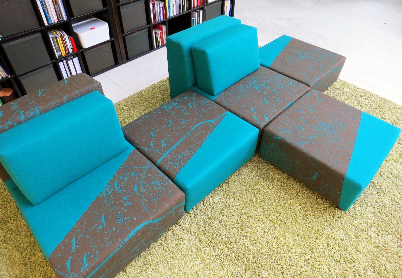 Modular couch with map printed on it