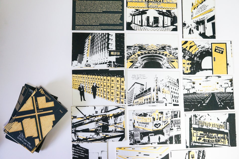 Postcards laid on table