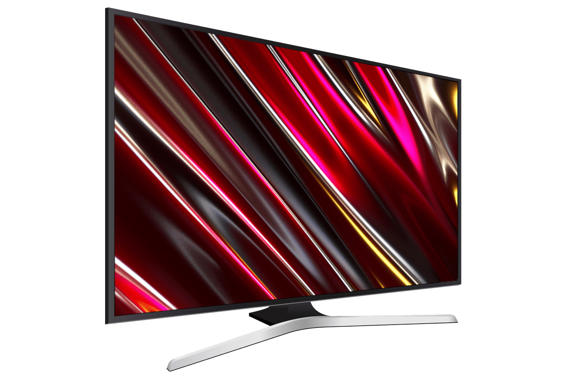 Televisor de alta definición con exóticas líneas onduladas metálicas. High Definition Tv showcasing exotic metallic wavy lines.