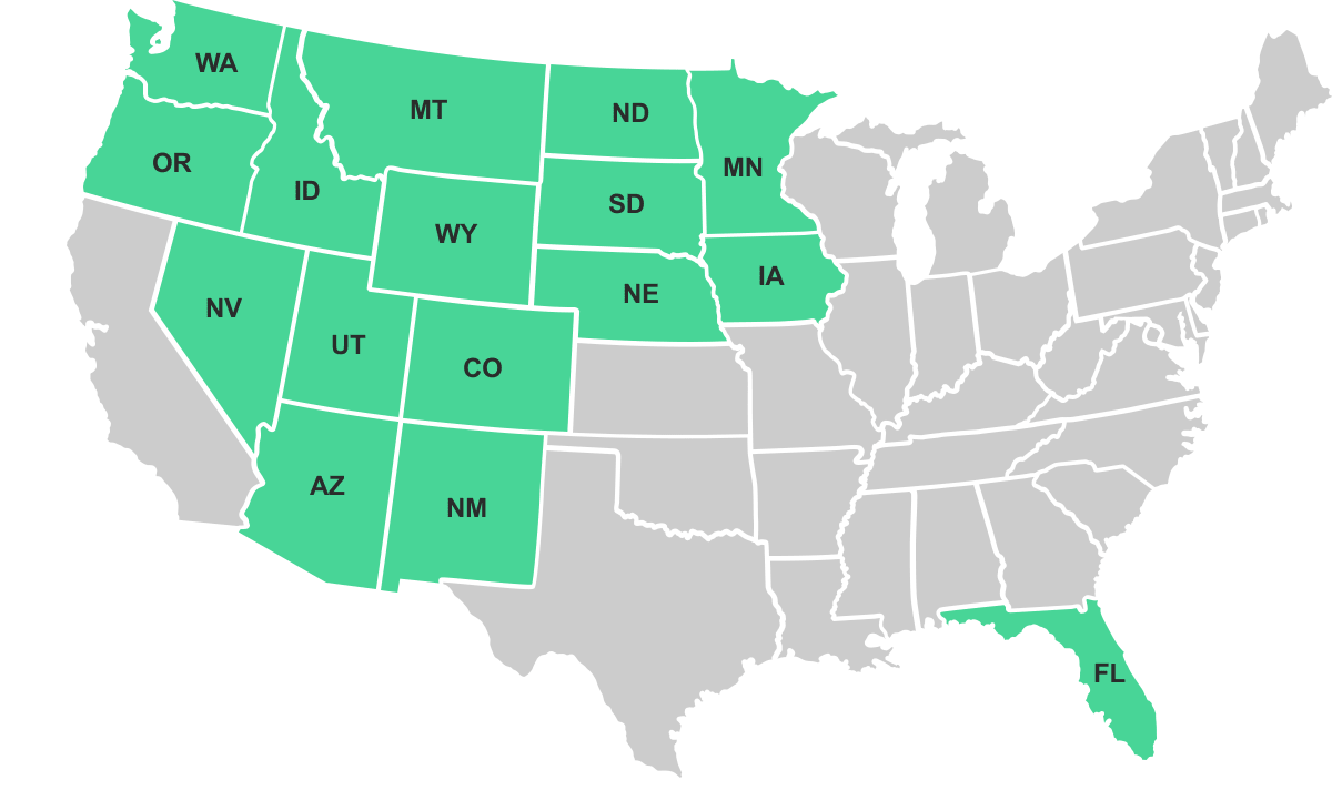 Map depicting CenturyLink availability by state showing Centurylink available in Washington, Oregon, Nevada, Idaho, Utah, Arizona, Montana, Wyoming, Colorado, New Mexico, North Dakota, South Dakota, New England, Minnesota, Iowa