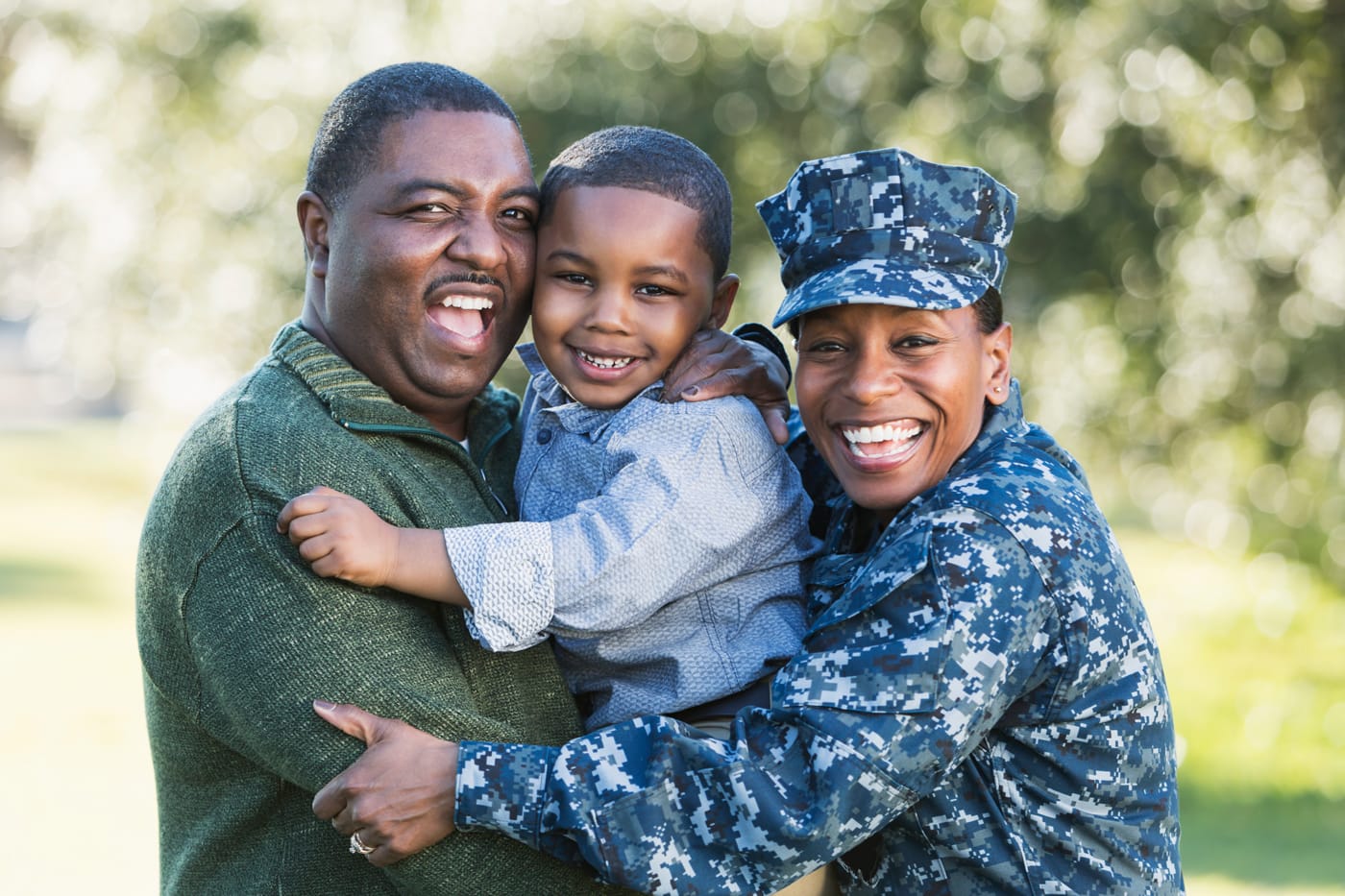 African American Family, with Mom and wife in  Navy, Military blue camoflauge