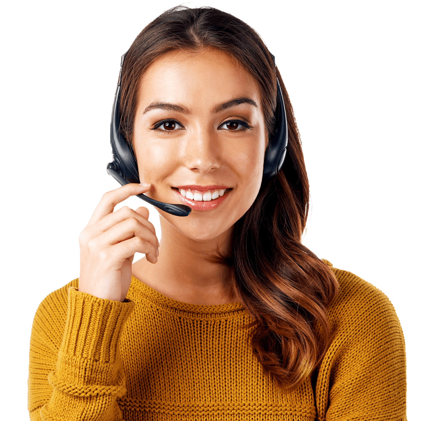 Woman with a headset and yellow sweater