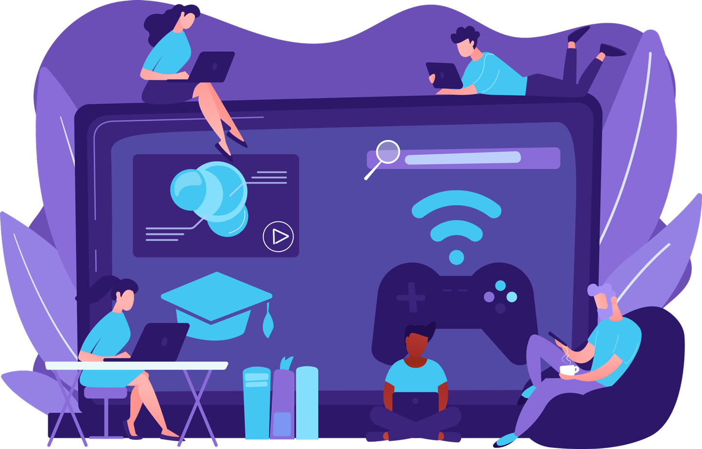 family illustration with devices and family members