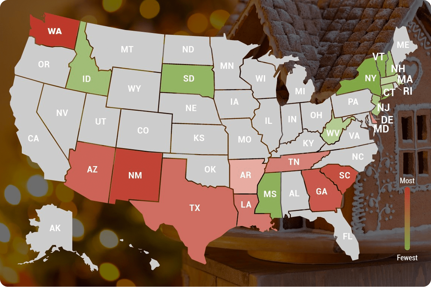 map showing the safest and least safe states for holiday theft