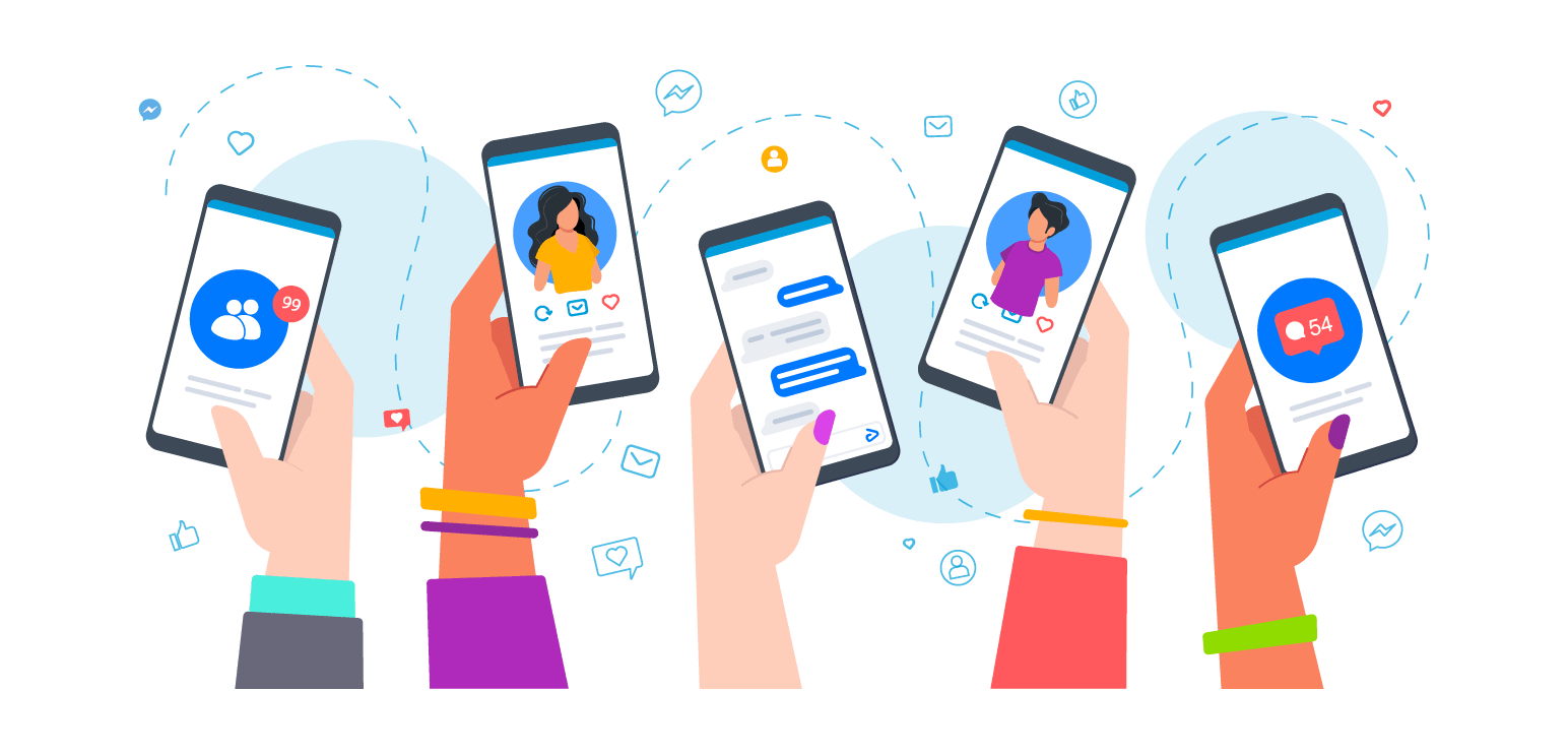 hands holding phones with social media illustration