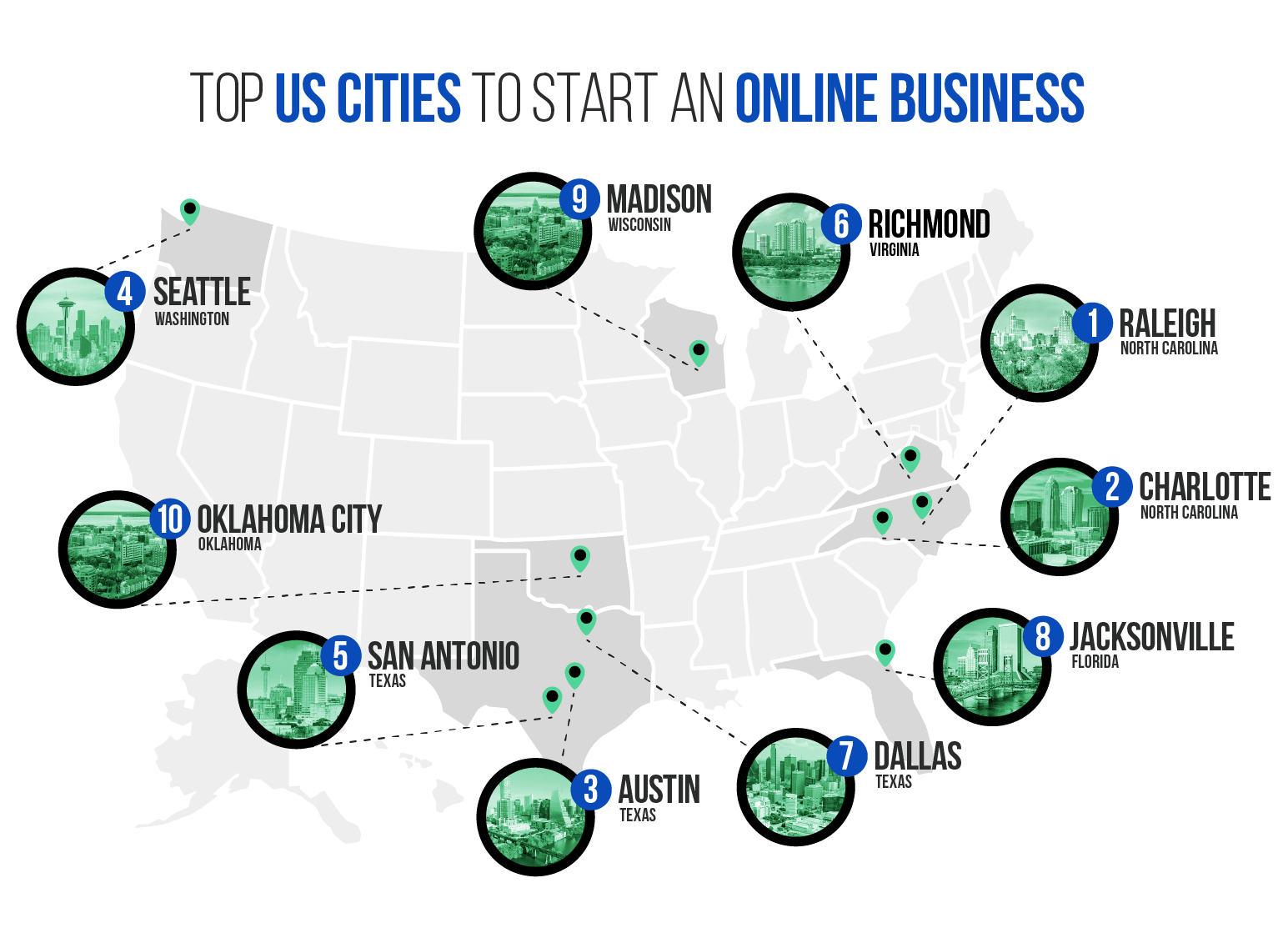 Map showing the 10 best cities to  start an online business