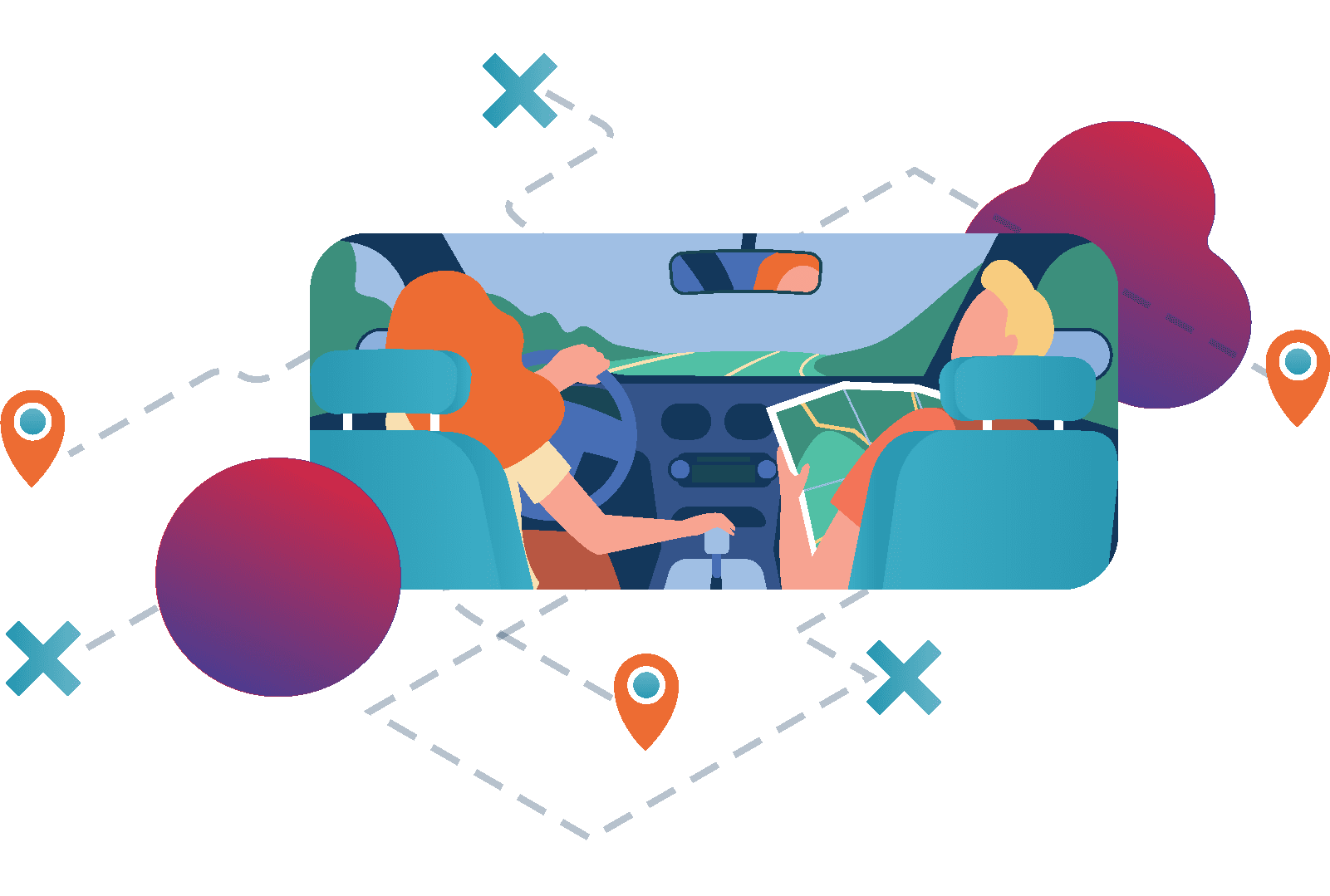 Couple driving with graphics illustration