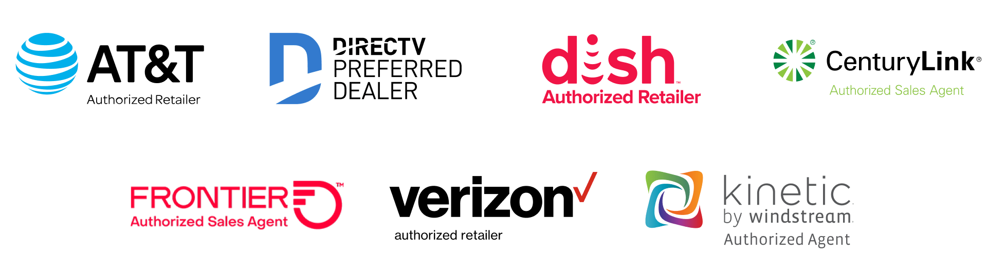 AT&T, DirecTV, dish, CenturyLink, Frontier, Verizon, Kinetic by windstream logos