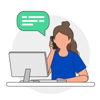 Illustration of woman talking on home phone while working on the computer.