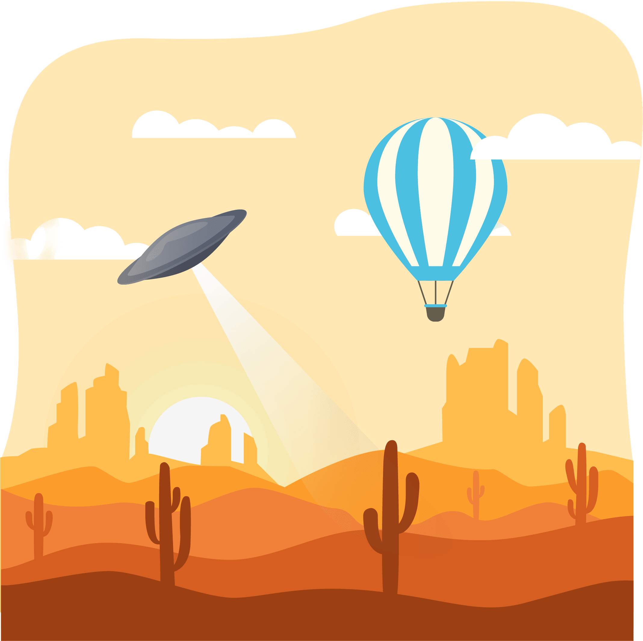 UFO and hot air balloon flying over New Mexico desert