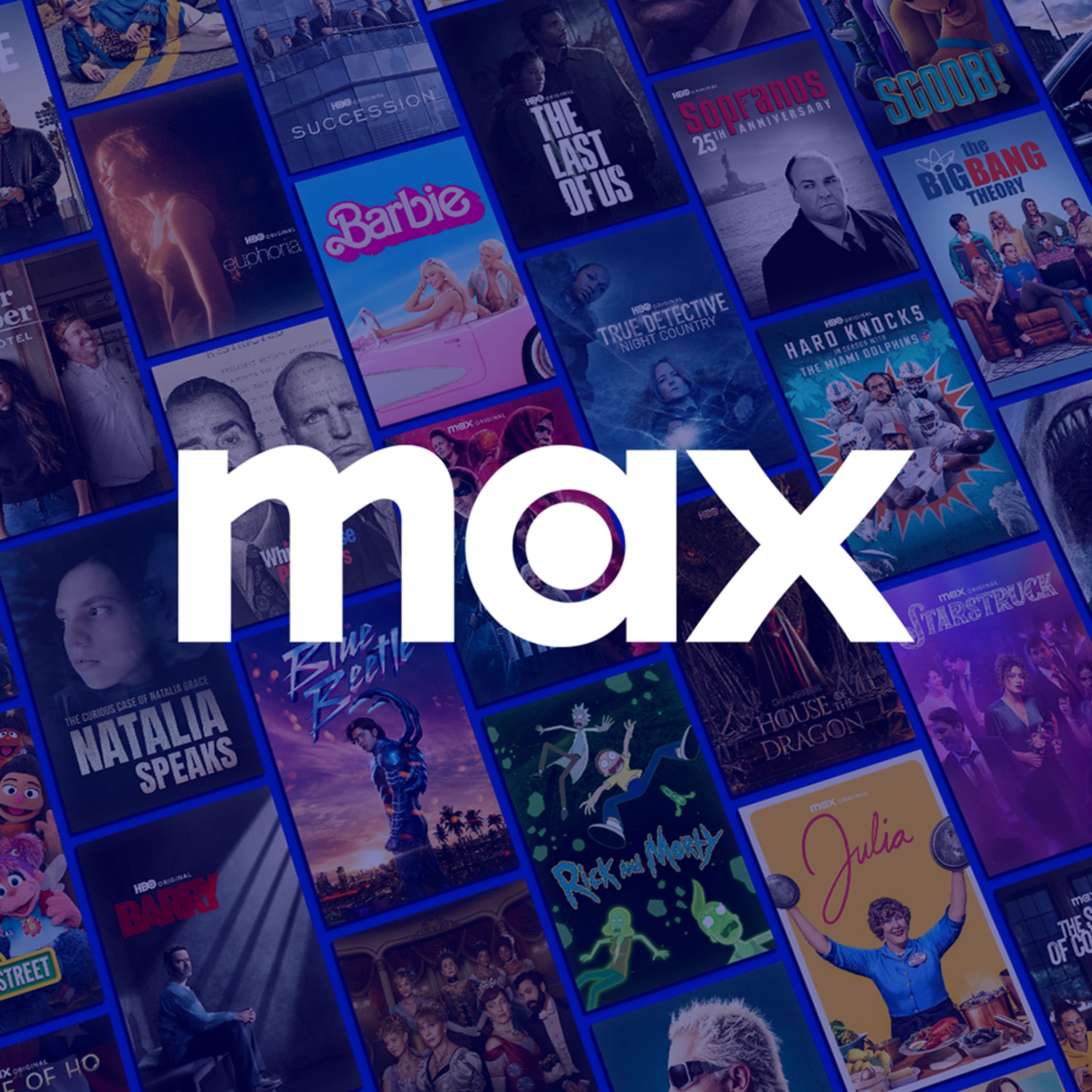 HBO Max logo over images of movies and tv series.