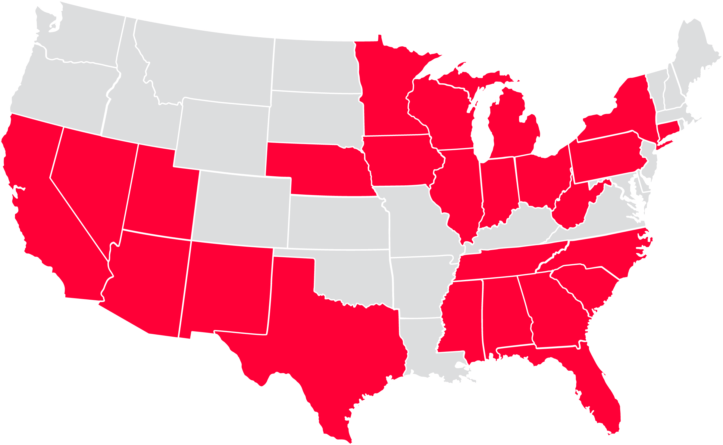 Map showing which states Frontier internet is available in.