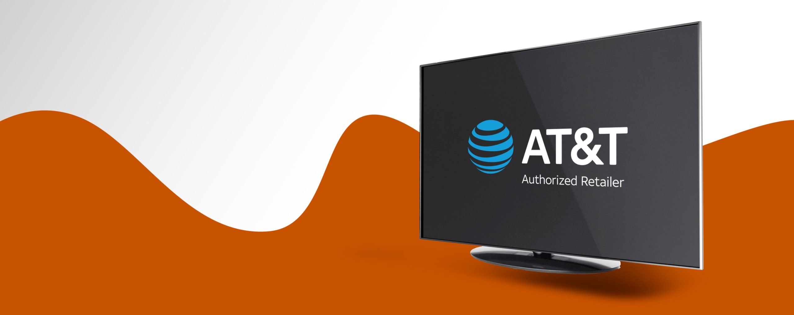 AT&T authorized retailer logo on a smart TV. There is an orange wavy shape in the background.