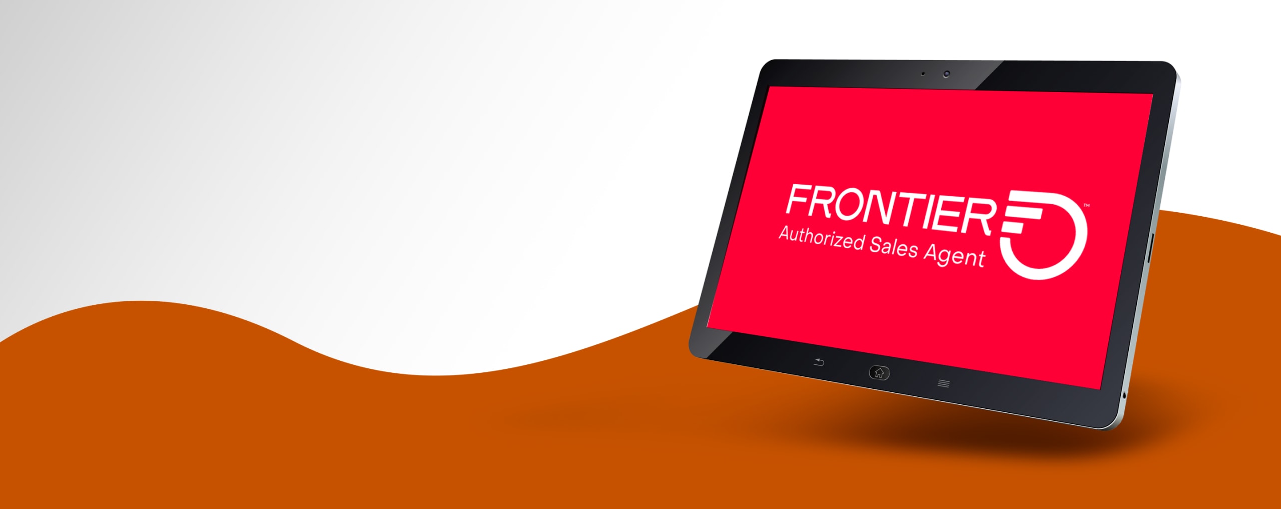 A tablet with Frontier Authorized sales agent logo, the tablet is in front of an orange wavy background