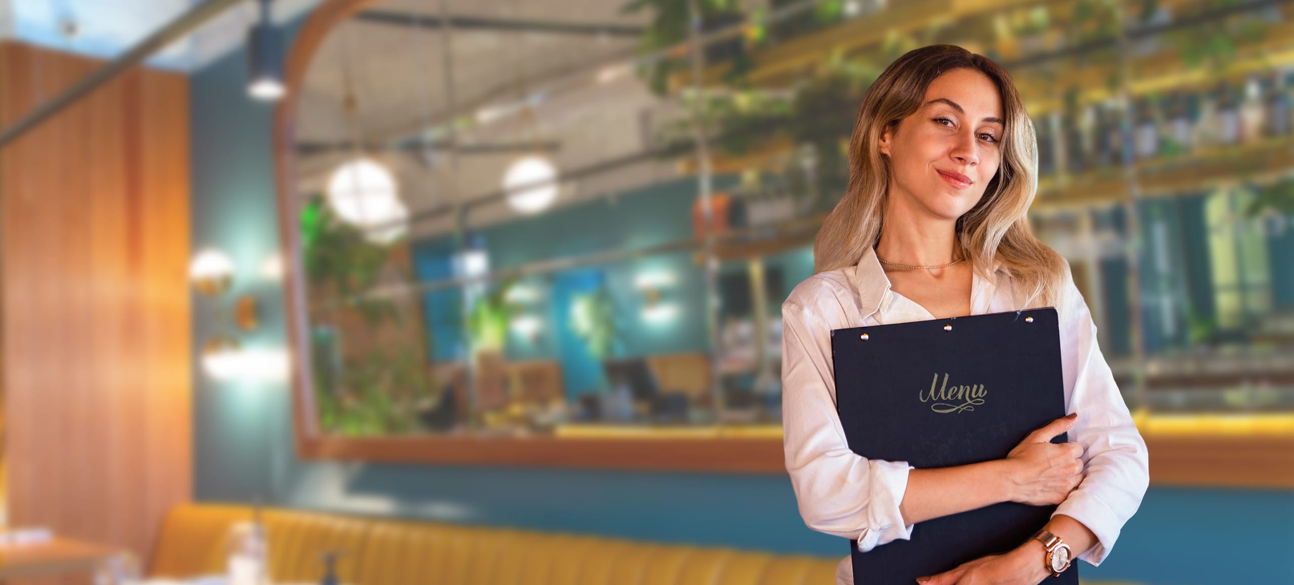 restaurant hostess holding menu