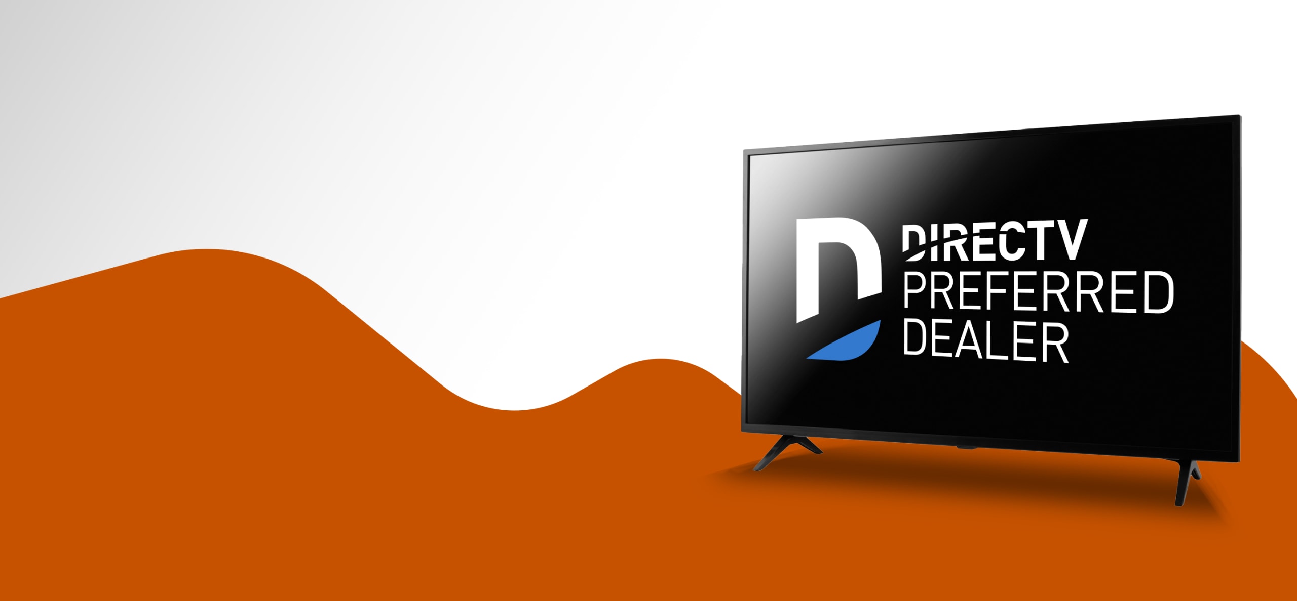 DirecTV preferred dealer logo on a TV. There is an orange wavy shape behind the tv.