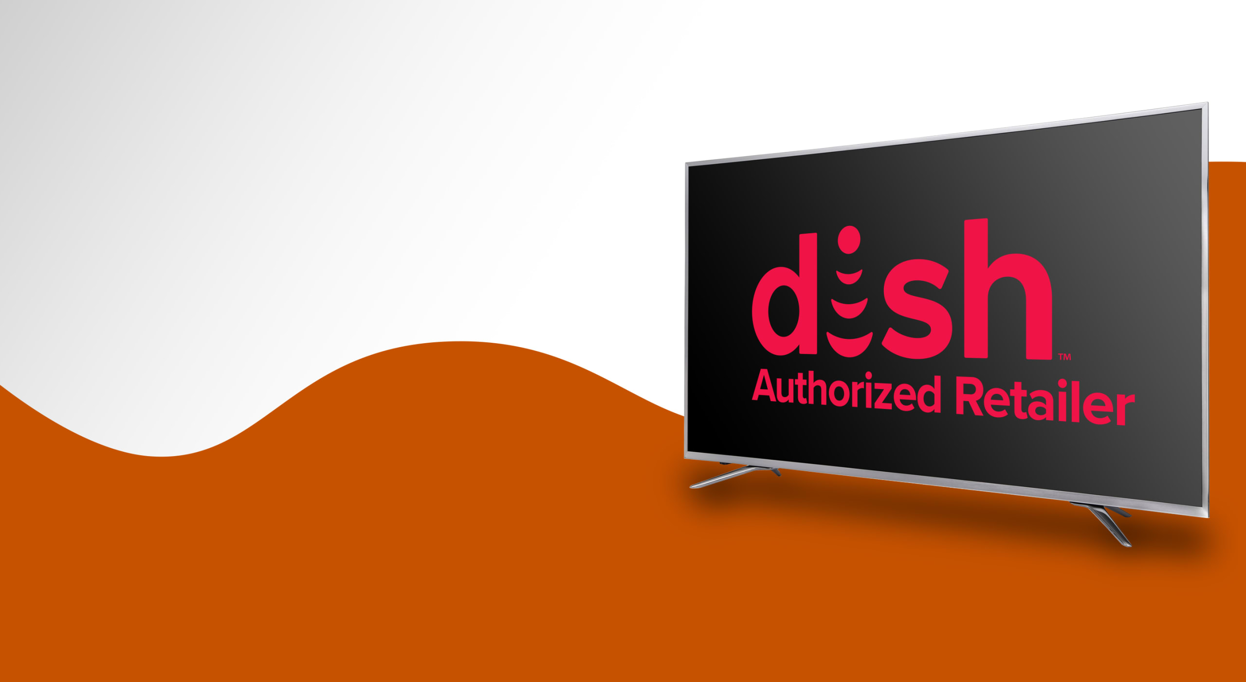 Dish authorized retailer logo on a TV. The Tv is on a wavy orange background.