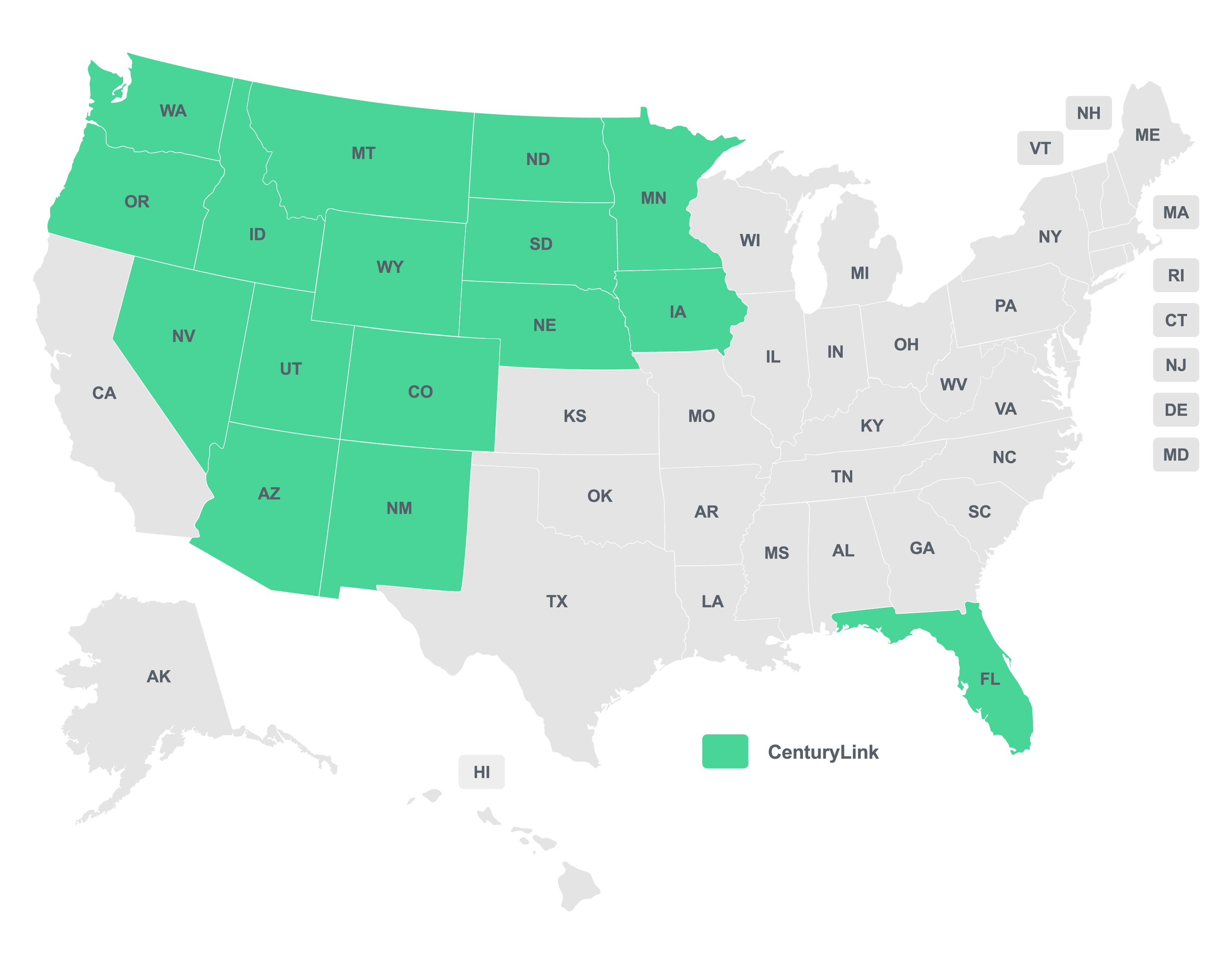 Illustrated map of the United States showing states where Centurylink and brightspeed are available