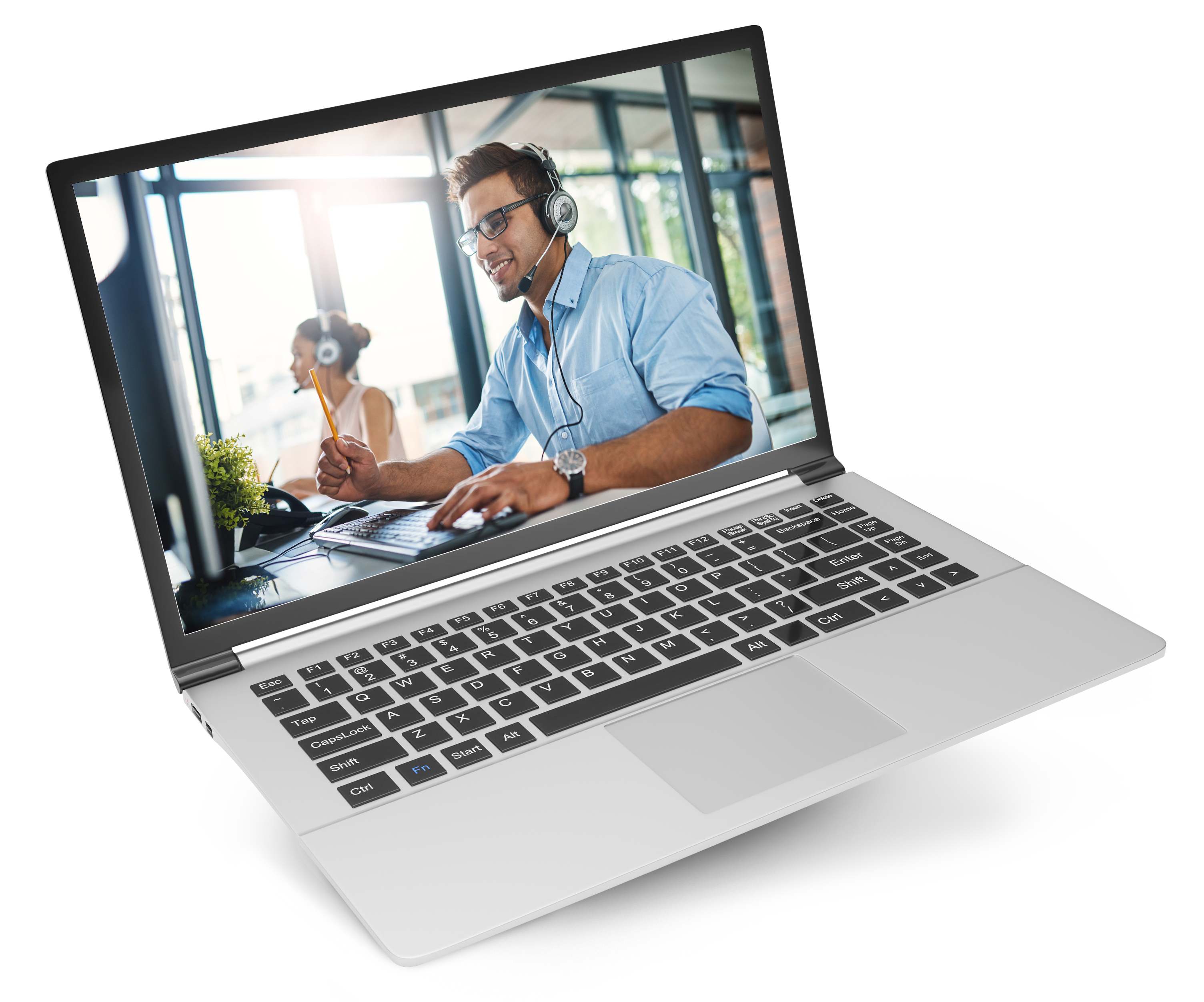 Laptop showing image of customer service agent