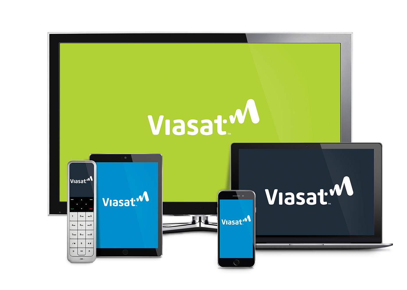 TV, laptop, cell phone, home phone and tablet with Viasat logo on screen