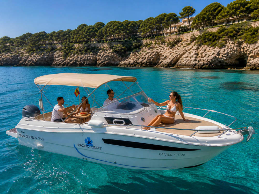 Boat rental with skipper for 8 hours in Palma de Mallorca 🚤 Fuel included, crystal clear coves and snorkeling