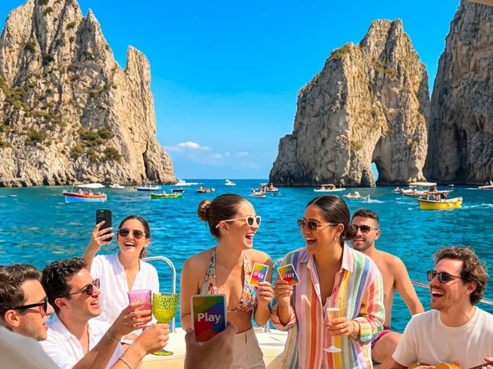 Excursión privada en barco con barra libre a Capri o la Costa Amalfitana.