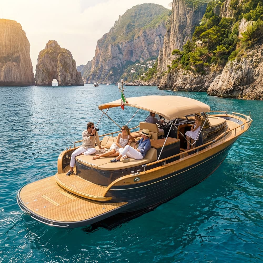 Excursión privada en barco con barra libre a Capri o la Costa Amalfitana.