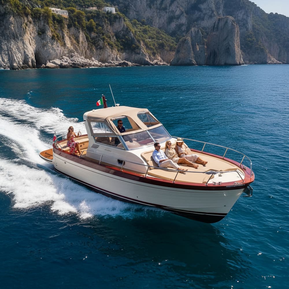 Excursión privada en barco con barra libre a Capri o la Costa Amalfitana.