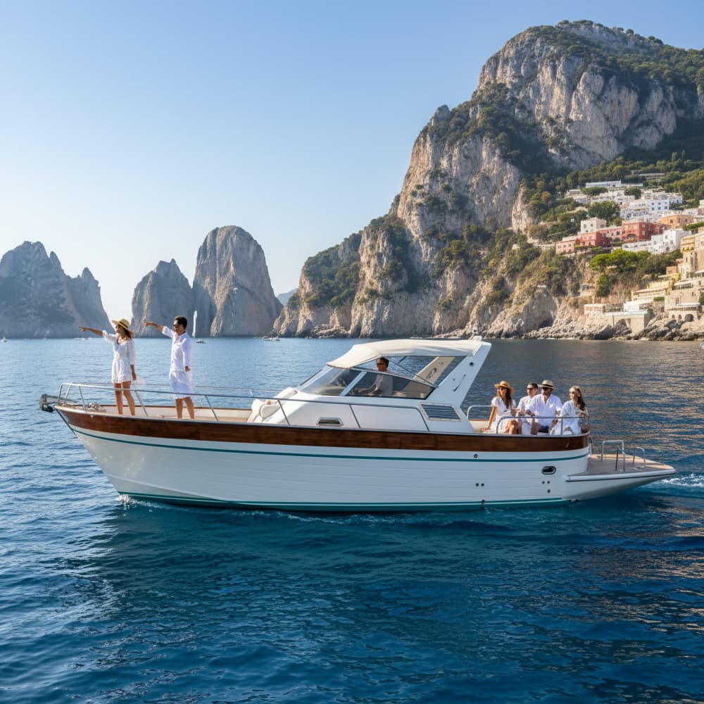 Excursión privada en barco con barra libre a Capri o la Costa Amalfitana.