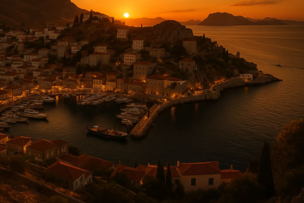 Coucher de soleil en mer – Croisière côtière privée à Hydra avec champagne