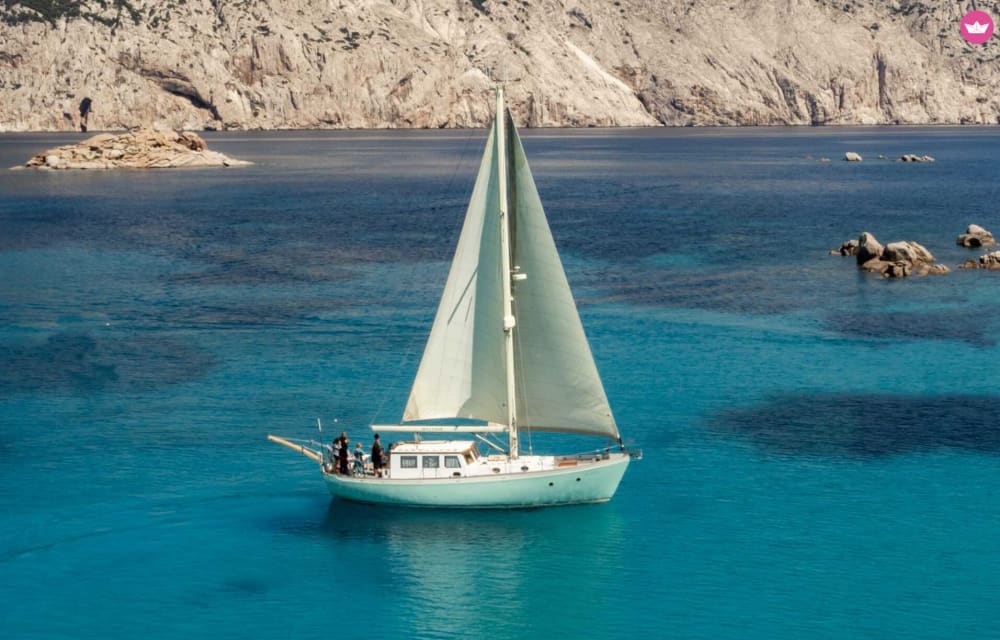 Between Tavolara and Cala Girgolu on a vintage sailing ship