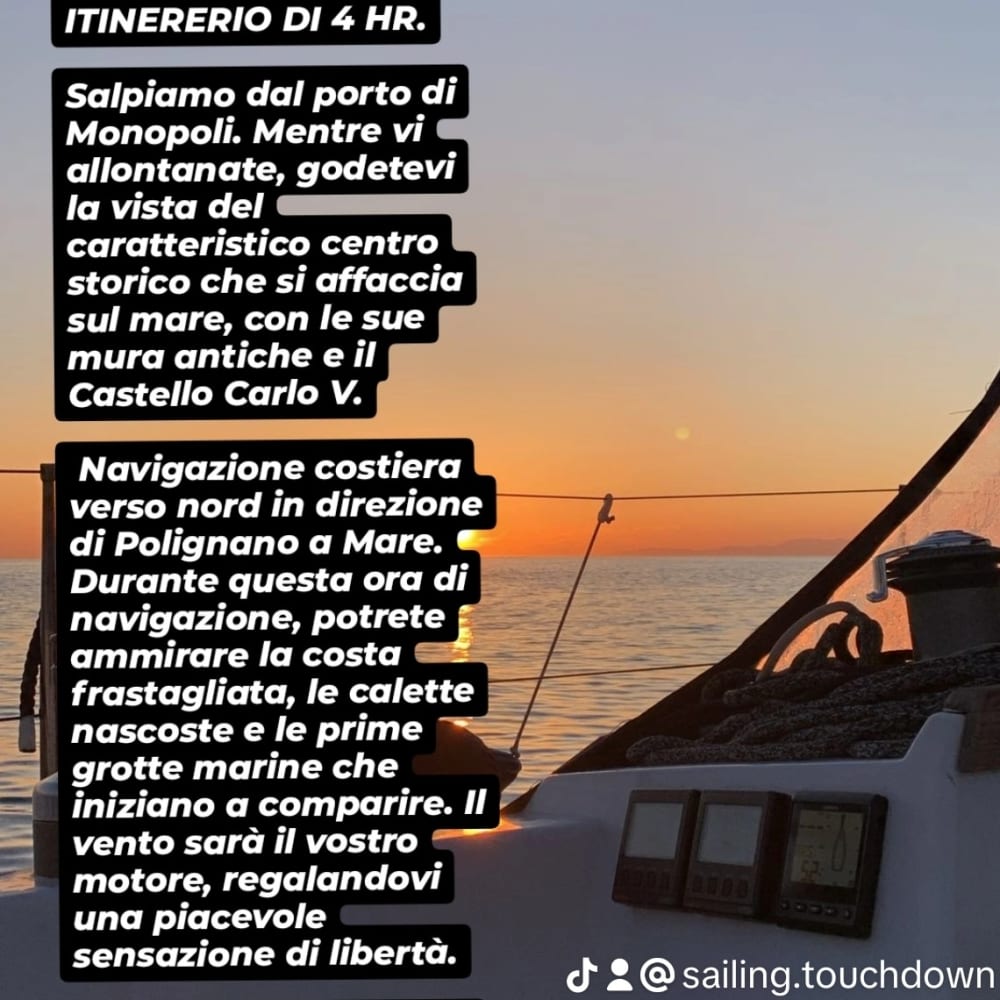 Goditi una giornata in mare a Monopoli a bordo di una barca a vela.