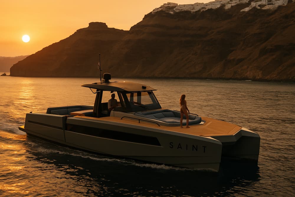 Assista ao brilho de Oia – Experiência de navegação ao pôr do sol em Santorini com jantar