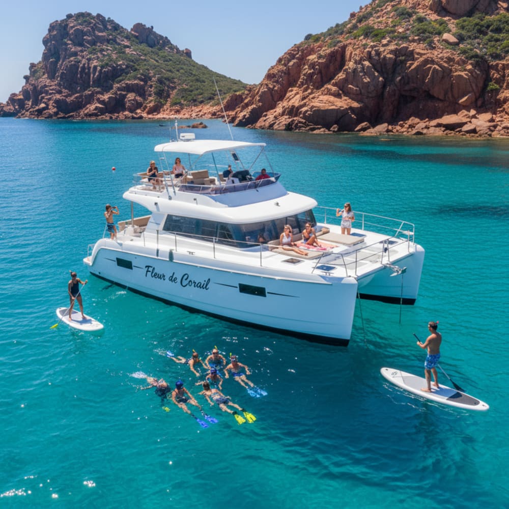 Junggesellen-/Junggesellinnenabschied: Premium-Tagesausflug auf einem privaten Katamaran „All Inclusive“ mit Wassersport und Brunch