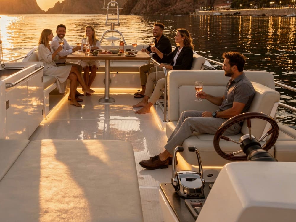 Saint-Tropez: Exclusieve privé-excursie met een jacht bij zonsondergang in het Estérelgebergte, inclusief aperitief, paddleboarden en snorkelen.