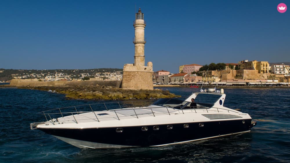 Plage de Menies - Grotte de Choironisia et île de Thodorou avec le yacht Babyface - Croisière à grande vitesse de 8 heures au départ de La Canée