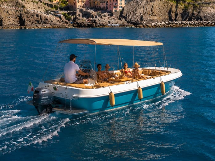 The Cinque Terre from the sea, aboard a gozzo