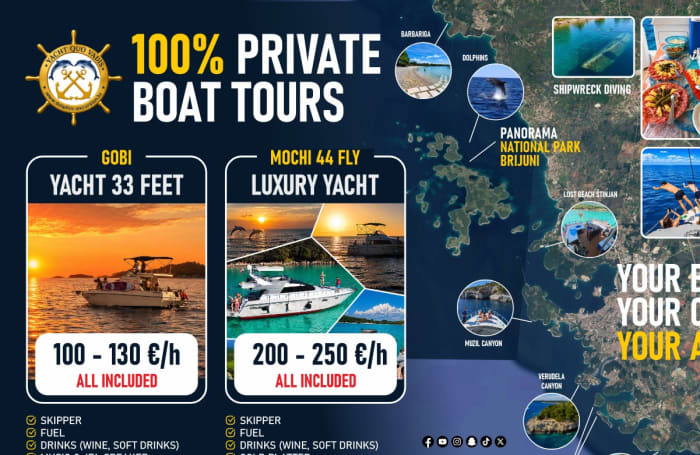 Sunset*Dolphins*Drinks *NP Brijuni*Golden hours⭐ 100% Private Experience — No Other Guests on Board
