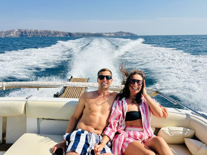 Enjoy a full day on a motorboat in Santorini