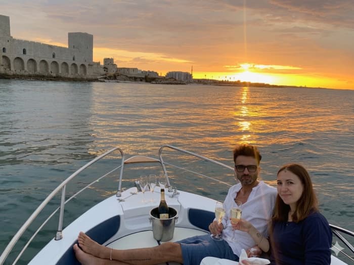 Trani Sunset Aperitif on a Boat with a Swim Stop, Cathedral, Trabucco Castle, Monastery