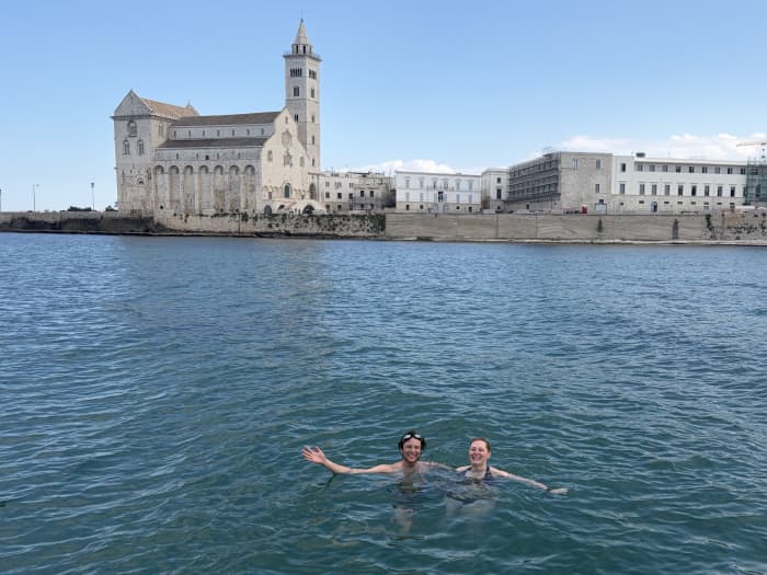 Trani Sunset Aperitif on a Boat with a Swim Stop, Cathedral, Trabucco Castle, Monastery