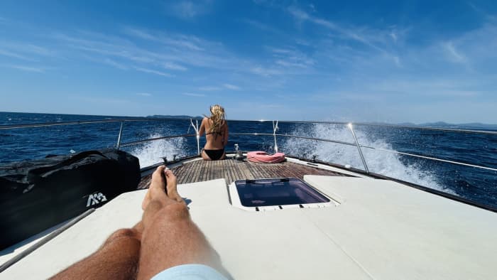 Sunset drinks and swimming at Aresquiers — 3 hours aboard a luxury speedboat