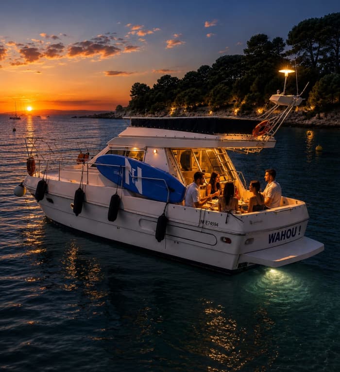Zonsondergang voor de kust van Cannes vanaf een privéjacht