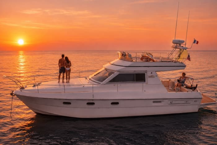Zonsondergang voor de kust van Cannes vanaf een privéjacht