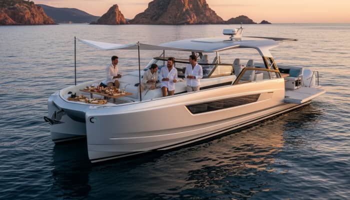 Escursione privata in mare con skipper dedicato | Gita in catamarano premium al tramonto – Estérel con aperitivo, paddleboarding e snorkeling