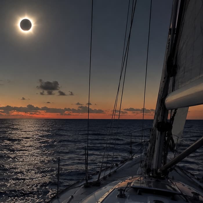 Eclipse seen from the sea in the Ebro Delta