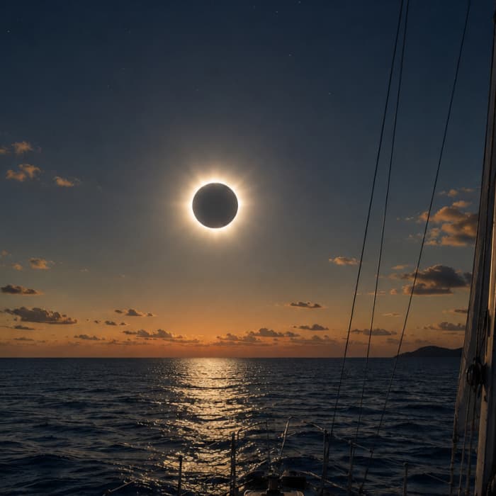 Eclipse seen from the sea in the Ebro Delta