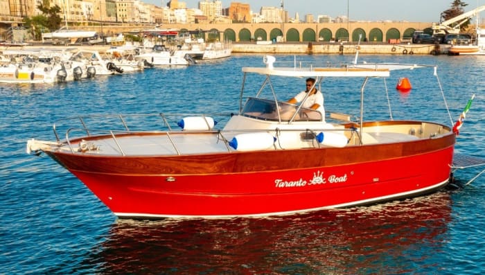 Profitez d'une belle journée le long de la côte de Tarente à bord d'un élégant gozzo sorrentin.