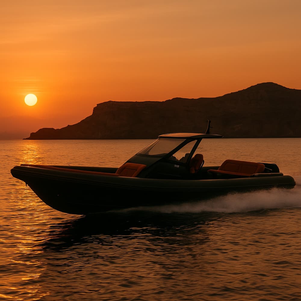 Coucher de soleil en mouvement – Croisière privée en semi-rigide autour de Santorin