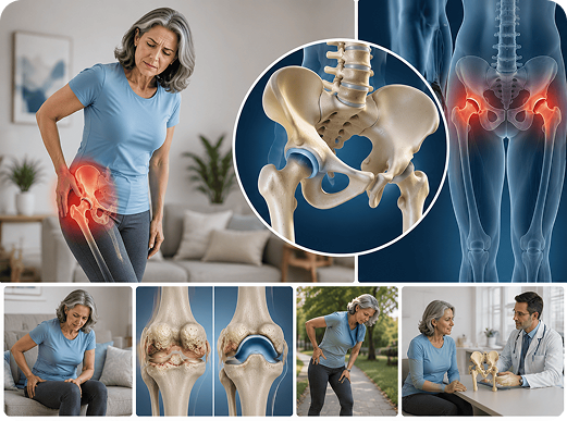 Collage of patients with hip and shoulder pain